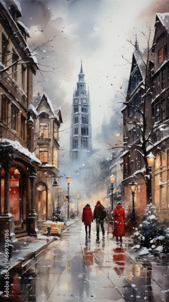 winter in the city, watercolor image of a snowy Christmas town, generative ai