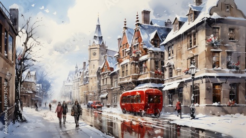 winter in the city, watercolor image of a snowy Christmas town, generative ai