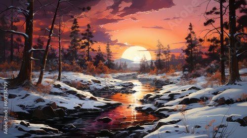 sunset in the mountains, winter sunrise in snowy mountains, generative ai © TheGoldTiger