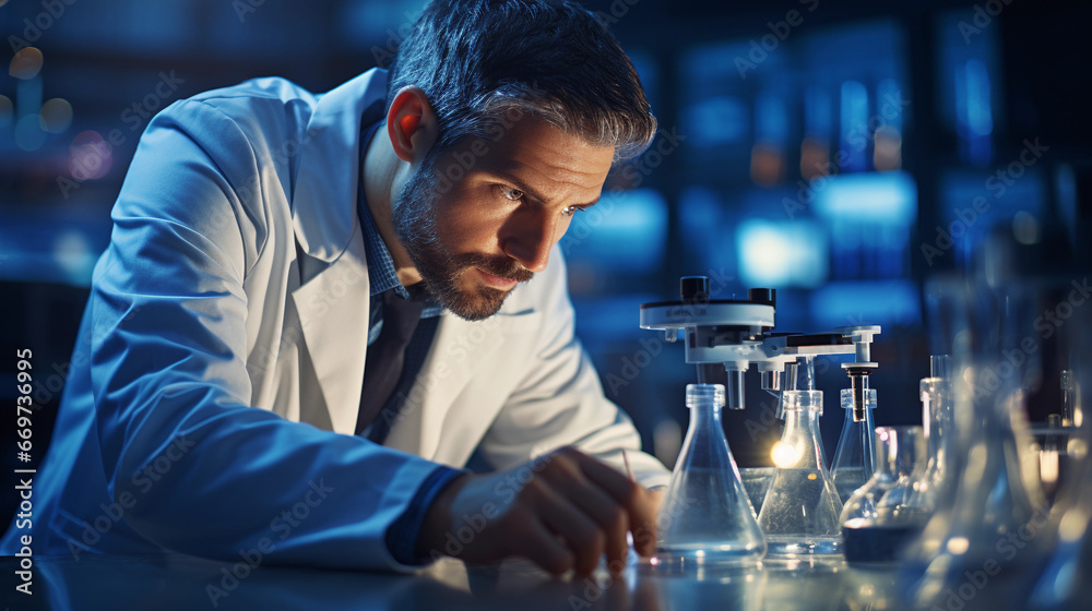 A focused scientist in a laboratory, wearing a lab coat and conducting experiments with scientific equipment A focused scientist in a laboratory, wearing a lab coat and conducting experiments with scientific equipment