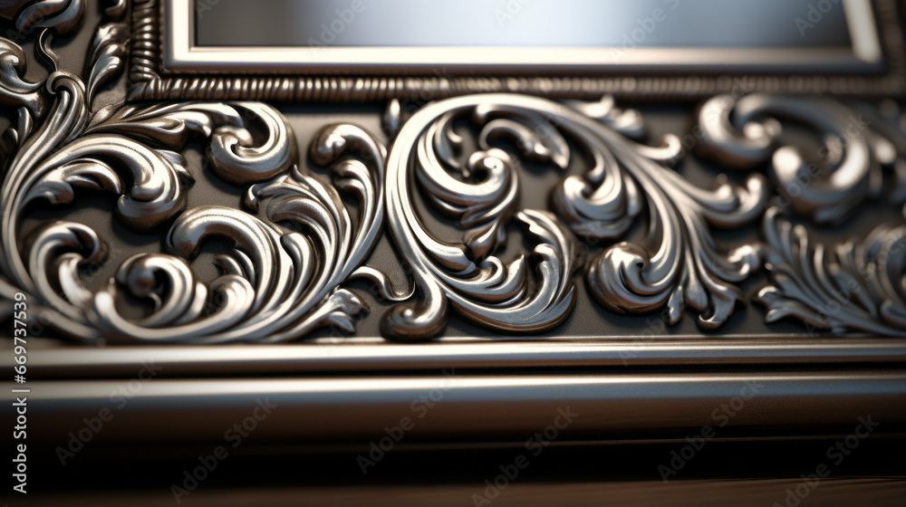 An antique silver frame with a beveled edge and a delicate scrollwork pattern - obrazy, fototapety, plakaty 