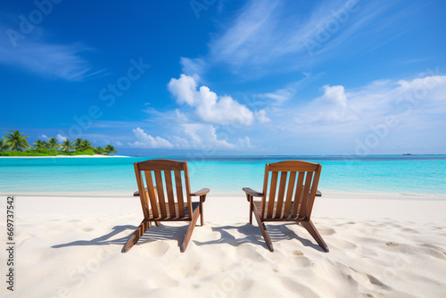 two wooden chairs in a tropical beach environment - generative AI