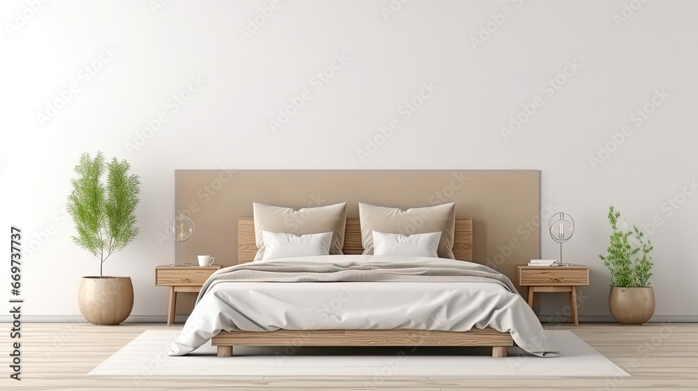 Modern beige bedroom with empty whate wall for mockups. Wooden double bed with pillows, cozy furniture. Room interior with copyspace.