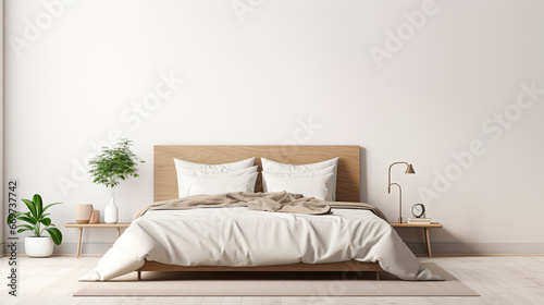 Modern beige bedroom with empty whate wall for mockups. Wooden double bed with pillows  cozy furniture. Room interior with copyspace.