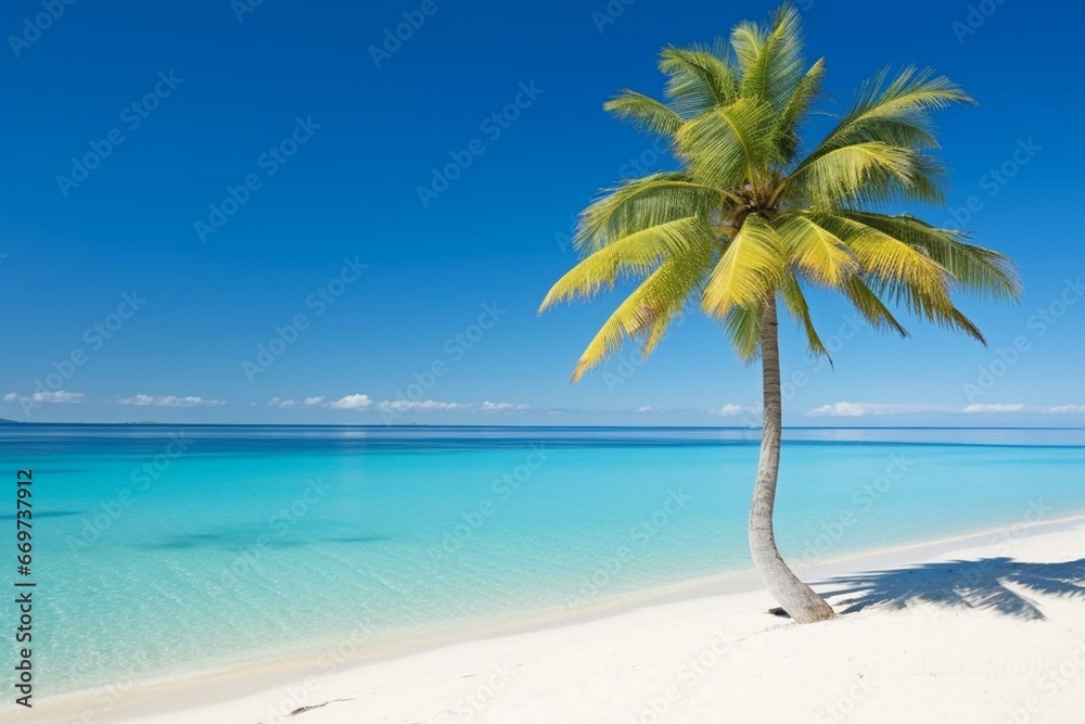 A breathtaking beach with a beautiful palm tree, pristine sand, clear sky, and turquoise water. Generative AI