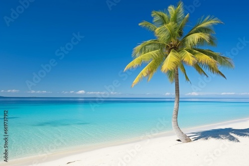 A breathtaking beach with a beautiful palm tree  pristine sand  clear sky  and turquoise water. Generative AI