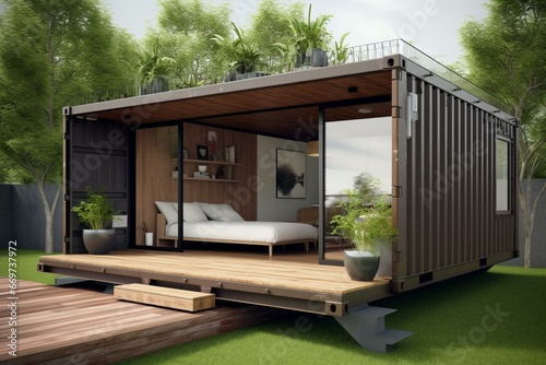 Creative adaptation of container box into sustainable spaces like restaurant, office, or house with modern minimalist design, aiming for environmental preservation. Generative AI © Dariel