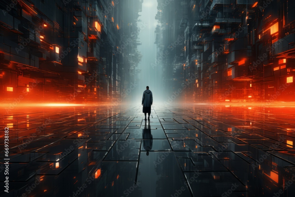 Hooded man walking in futuristic city (3D Rendering) - obrazy, fototapety, plakaty 