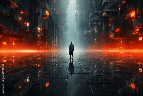 Hooded man walking in futuristic city (3D Rendering) photo