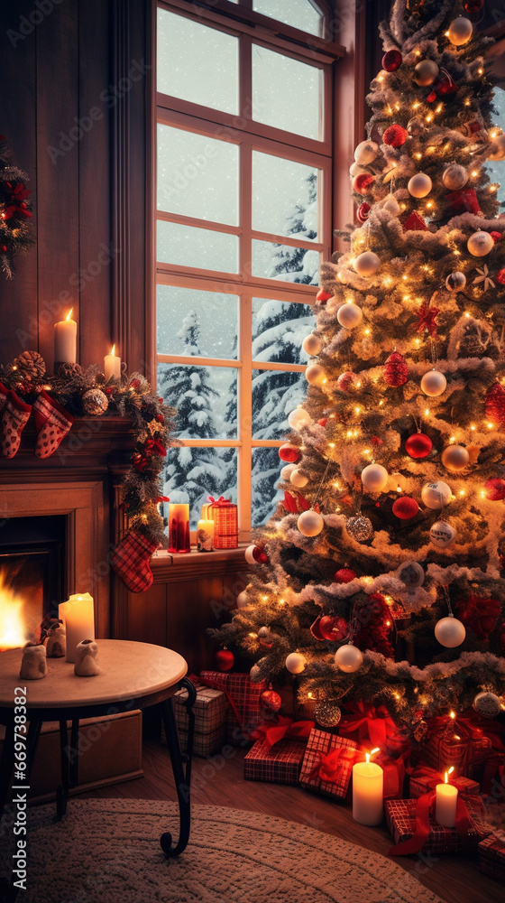 Cozy living room with fireplace with christmas tree and decorations. Christmas Background
