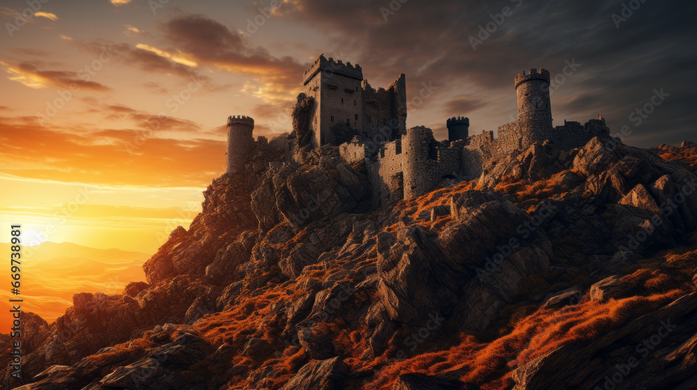 An ancient castle sits atop a rocky outcrop, its crumbling walls and towers silhouetted against the setting sun
