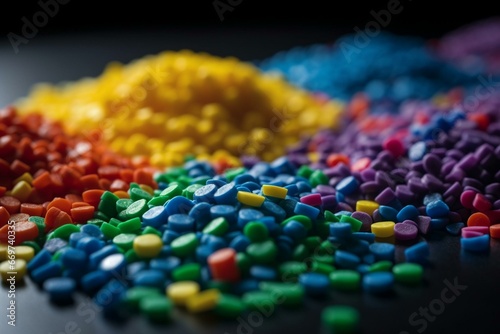 Detailed view of synthetic plastic polymer pellets spread out on a surface. Generative AI