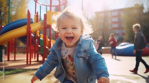 childhood, leisure and people concept - happy little girl having fun on playground