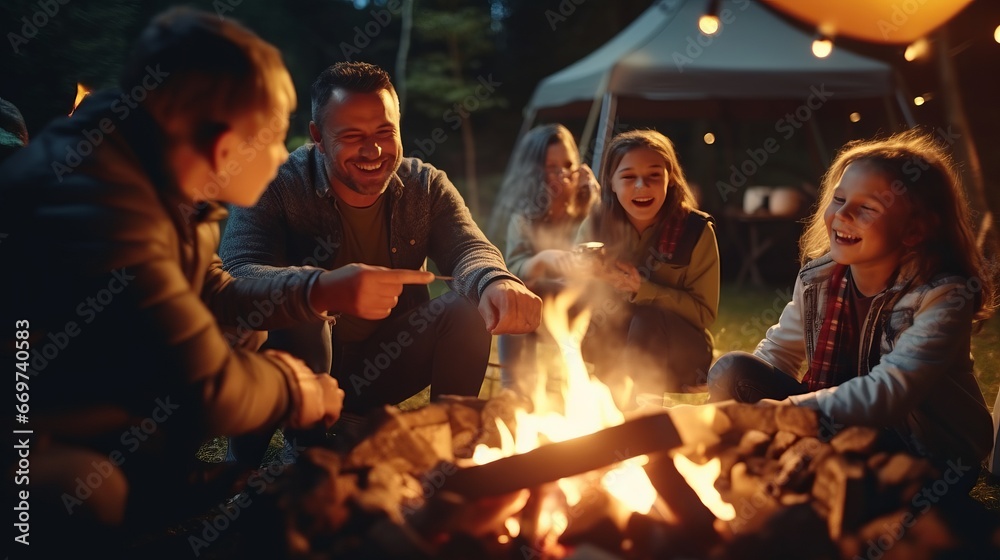 Group of happy friends roasting marshmallows over campfire at night Group of happy friends roasting marshmallows over campfire at night