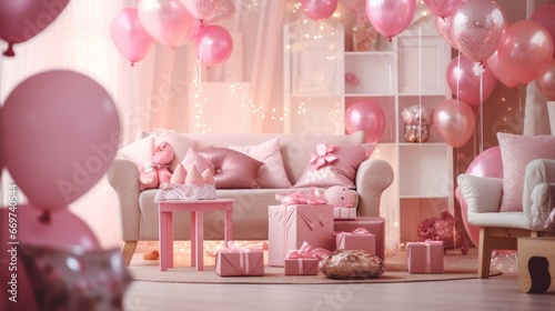 Beautiful baby room decorated with pink balloons and gifts. Interior design
