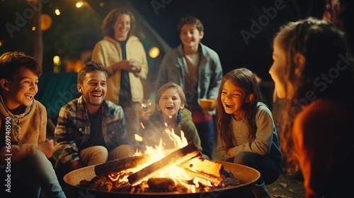 Group of happy friends having fun on camping. They are sitting by the fire.