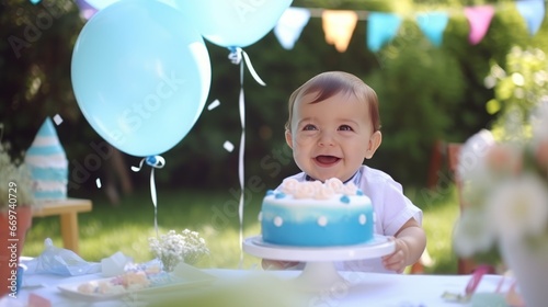 Cute baby boy celebrating his first birthday at home with cake and balloons