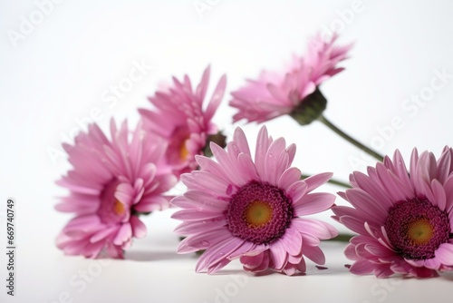 Close-up of pink daisies on white backdrop for customizable text. Generative AI
