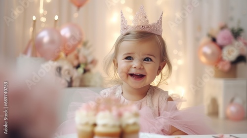 Cute little girl in a pink dress with a crown on her head celebrates birthday.