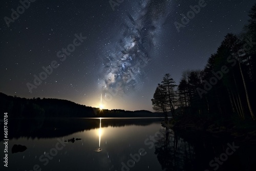 Enchanting: meteor shower over moonlit lake at night. Generative AI