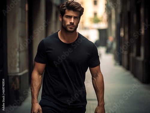 Explore urban fitness with a model in a black shirt. Captured in a rounded, eye-catching style with wimmelbilder elements. photo