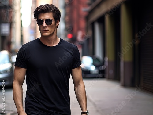 Explore urban fitness with a model in a black shirt. Captured in a rounded, eye-catching style with wimmelbilder elements.
