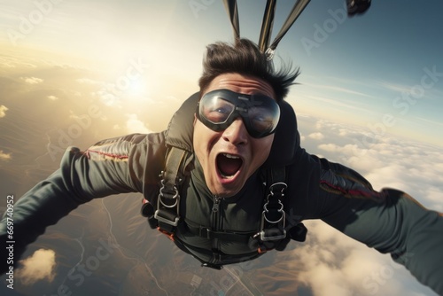 Asian Male Parachutist Canopy Flight Backdrop Generative AI