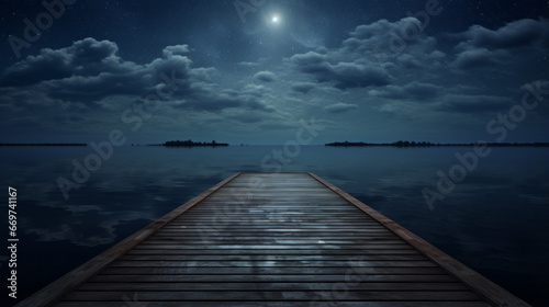 A wooden pier juts out into a serene bay, the calm waters of the sea reflecting the night sky