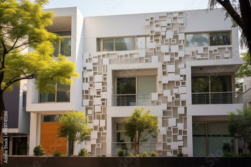 A contemporary approach to contemporary architecture: lively motifs and soft shades on building exterior. Generative AI