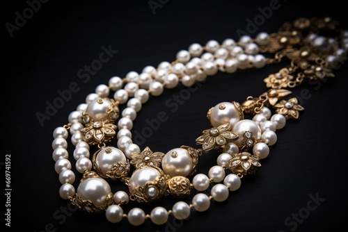 A beautiful necklace with detailed pearl decorations, representing everlasting grace. Generative AI