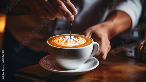 A cheerful barista in a coffee shop, skillfully crafting a latte art design on a freshly brewed cappuccino