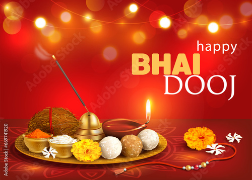 Fotomurale Greeting card with puja thali (tray) and traditional sweets (laddu) for Bhai Dooj (Yama Dwitiya, Bhai Tika) – Indian festival of brothers and sisters (Diwali season)