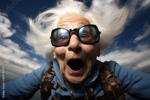 Caucasian Female Elderly Parachute Jumper Sky Diving Background Generative AI