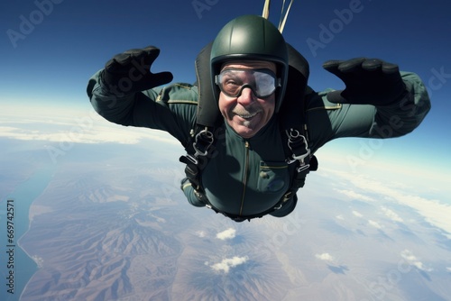 Caucasian Male Elderly Skydiver Jumping Backdrop Generative AI
