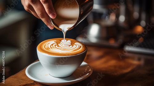 A cheerful barista in a coffee shop, skillfully crafting a latte art design on a freshly brewed cappuccino