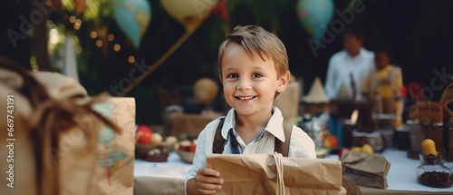smiling boy holding paper bag with food and looking at camera on blurred background