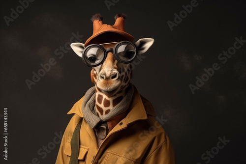 happy giraffe wearing travel clothes and glasses
