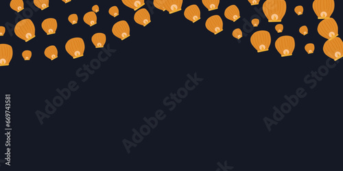 Background of Chinese lanterns. Garland on a dark blue sky. Chinese New Year. Design website, banner, poster. Color vector illustration.