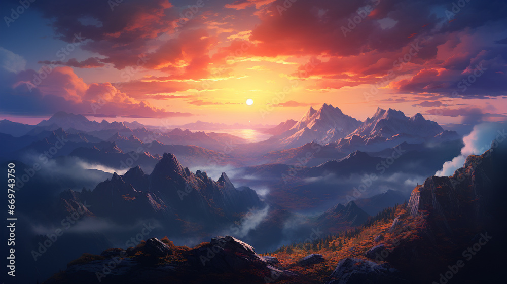 beautiful mountain view with sunset landscape scene
