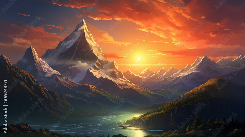beautiful mountain view with sunset landscape scene
