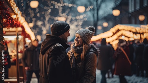 Join this heartwarming senior couple as they stand near the Christmas market. Experience the magic of photo-realistic landscapes in soft, romantic scenes, capturing the holiday spirit