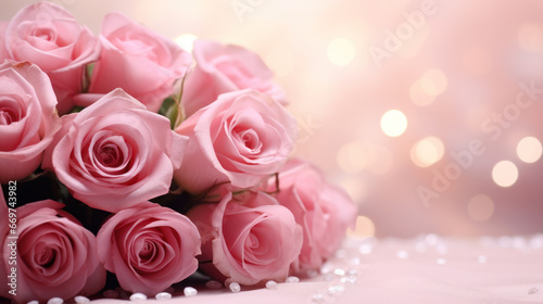 Romantic bouquet of pink roses on bokeh background  Valentine Day  Anniversary  Wedding  Copy space for text. Generative AI