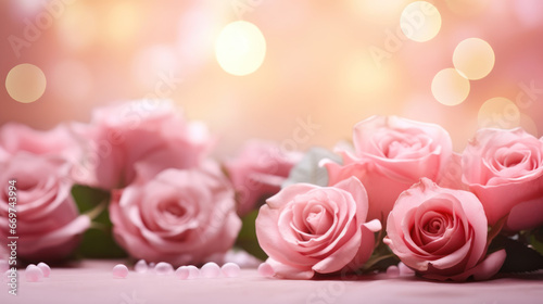 Romantic bouquet of pink roses on bokeh background  Valentine Day  Anniversary  Wedding  Copy space for text. Generative AI
