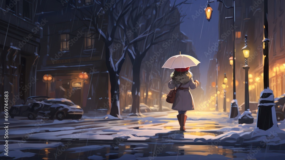 Obraz premium Nighttime Stroll Through Snowy City Streets with Umbrella