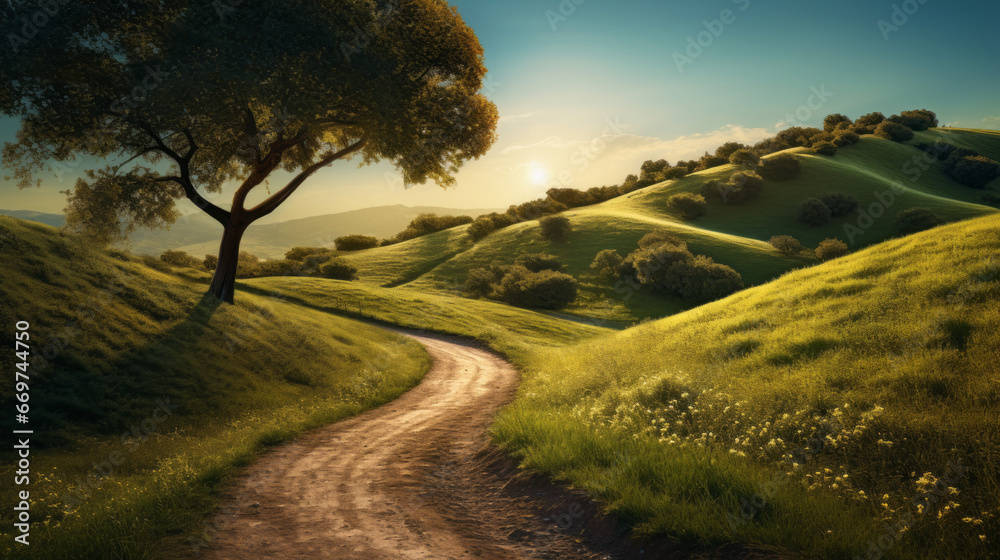 A winding path leads through a series of rolling hills, the sun shining ...