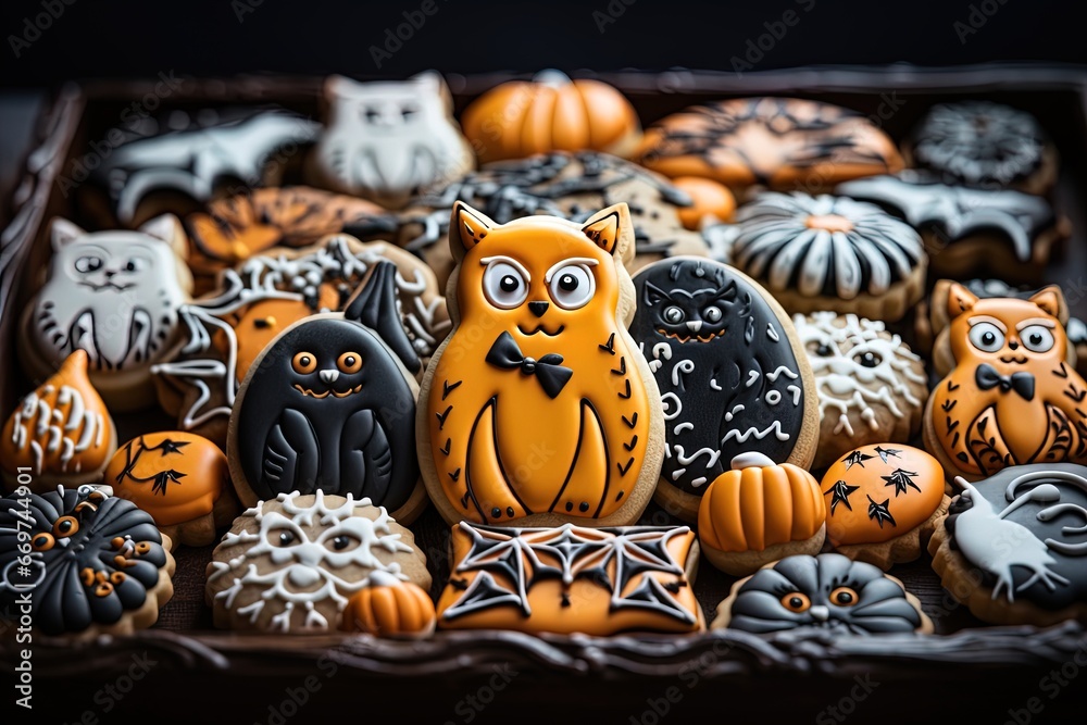 Delight in uniquely framed and composed Halloween cookies featuring cats, spiders, devils, ghosts, and candy. Set against a gray and amber backdrop, these treats wear colorful costumes.