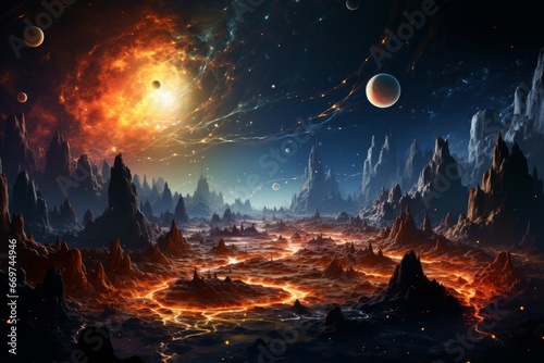 An illustration of an alien planet with unique landforms and an exotic atmosphere