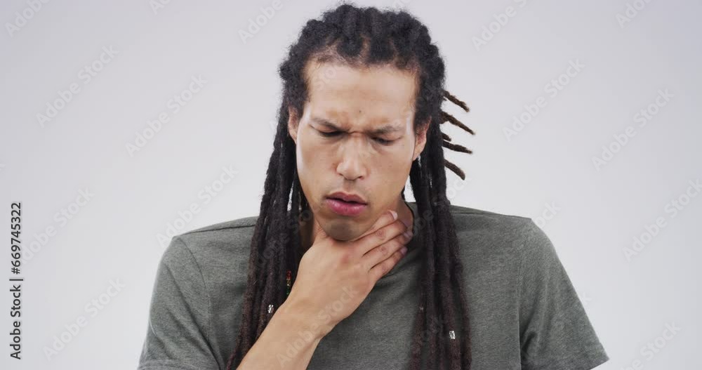 Man, coughing and sore throat with allergy, choking or hand on neck