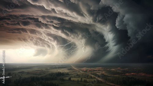 Fotografie, Obraz the sky with swirling and gathering clouds forming into a tornado