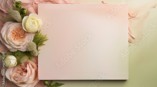 Blank paper and flowers on pastel color background with copy space